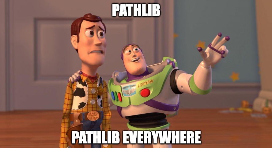 "Meme image of Toy Story with Woody and Buzz, with the text 'pathlib, pathlib everywhere'"